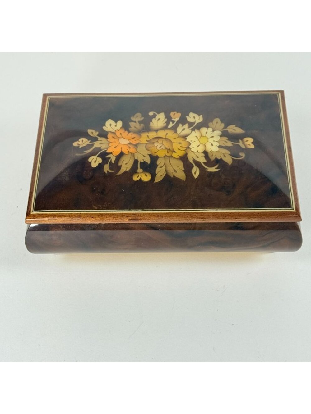 Wooden Inlaid Floral Jewelry Box Velvet Lined w/Brass Hinges Plays Lara's Theme